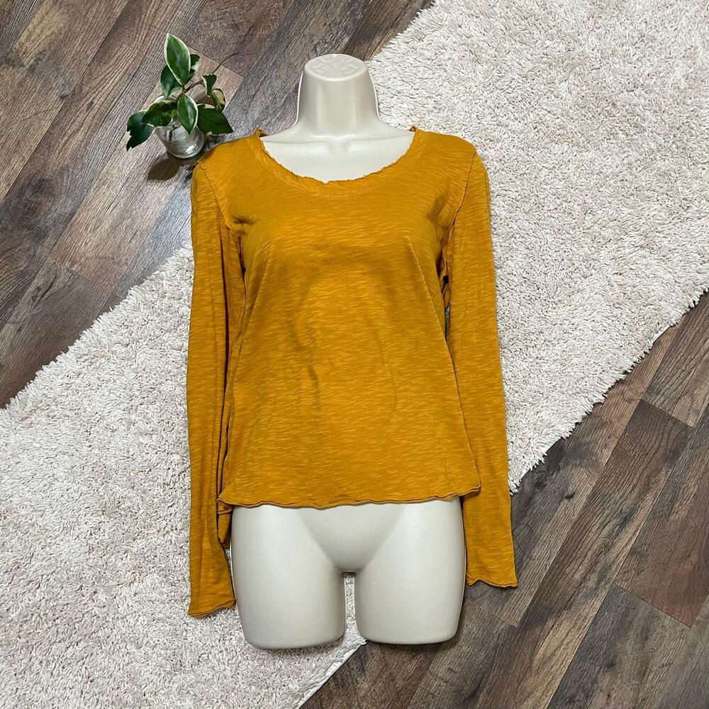 By Anthropologie Small Mustard Yellow Gold Raw Trim Long Sleeve Pullover Top